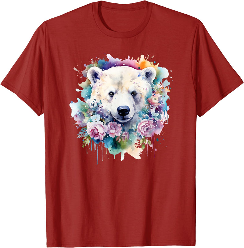 Colorful Polar Bear Kids Arctic Wildlife Painting Polar Bear Floral Watercolor Animal Cute Polar Bear Face T-Shirt - Cranberry Red