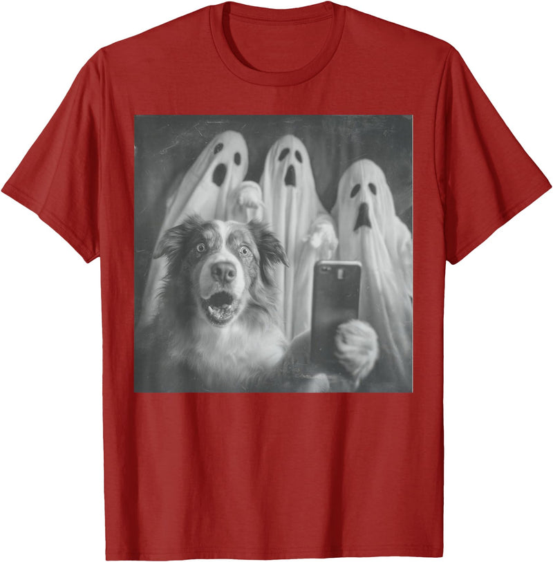 Spooky Aussie Moments Australian Shepherd Selfie Funny Ghost Halloween T-Shirt - Cranberry Red
