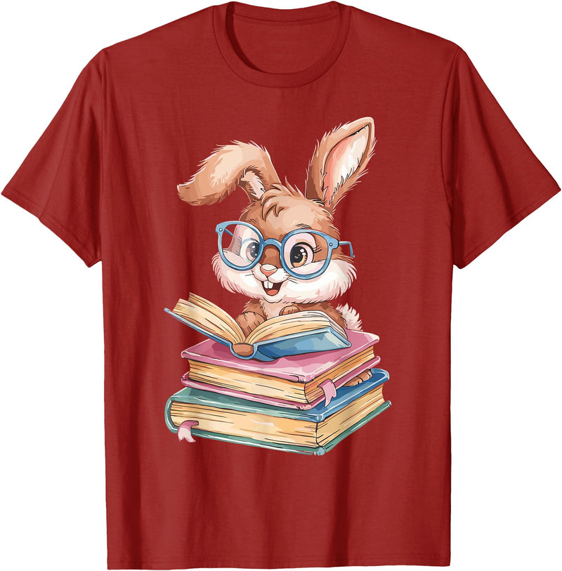 Bunny Rabbit Reading Books Funny Rabbit Books Bunny Reader T-Shirt in Cranberry Red
