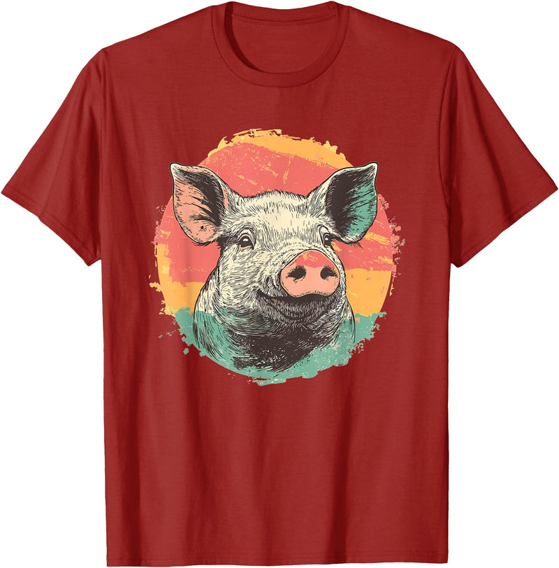Pig Lovers Retro Vintage Farm Animal Art Vintage Pig Sunset Retro Farm Style Animal T-Shirt - Cranberry Red