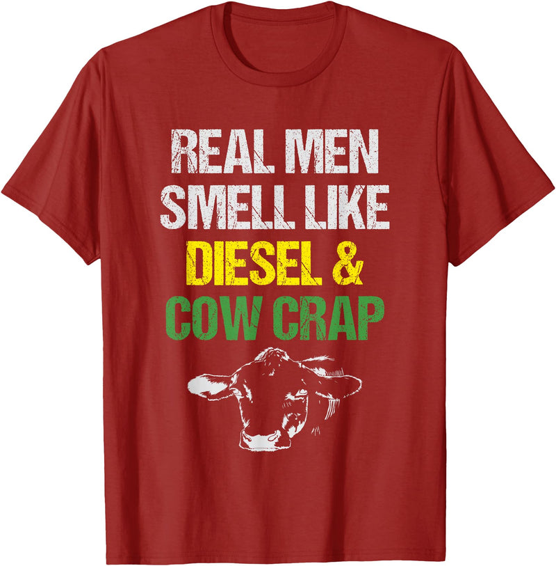 Dairy Cow Farmer Tees & Gifts Co. Real Men Smell Like Diesel and Cow Crap Funny Dairy Farmer T-Shirt - Cranberry Red