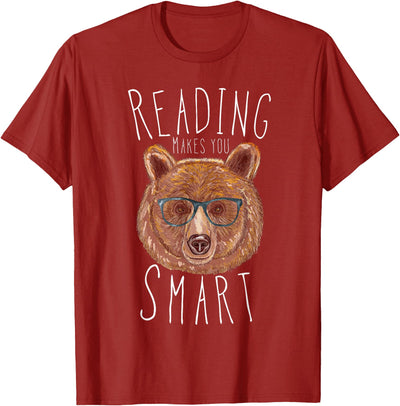 Reading Makes You Smart Bear With Glasses Librarian Bookworm T-Shirt