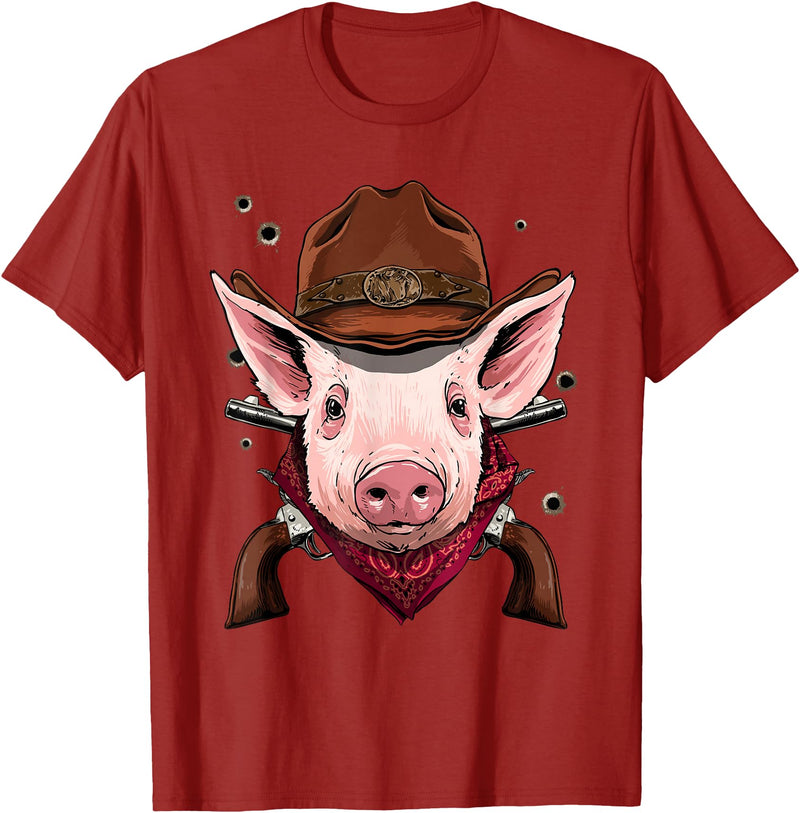 Wowsome! Cowboy Pig Western Rodeo Cowboy Hat and Bandana T-Shirt - Cranberry Red