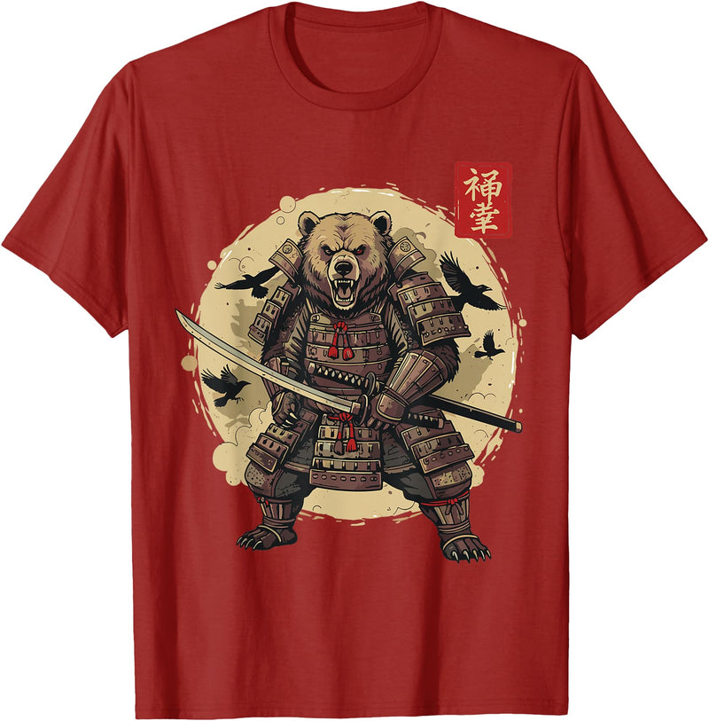 Anime Shirts For Men Women Kids Gifts Samurai Bear Shirt Warrior Vintage Graphic Japanese Men T-Shirt - Cranberry Red