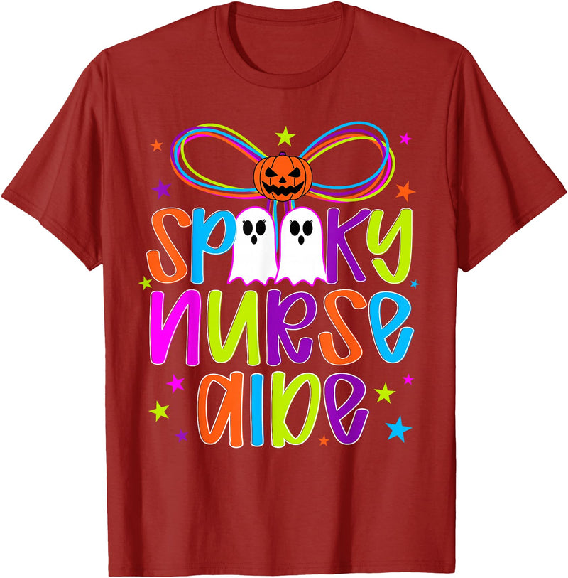 Coquette Halloween Nurse Aide Ghost Spooky Nurse Aide Halloween Nursing Aide Preppy T-Shirt - Cranberry Red