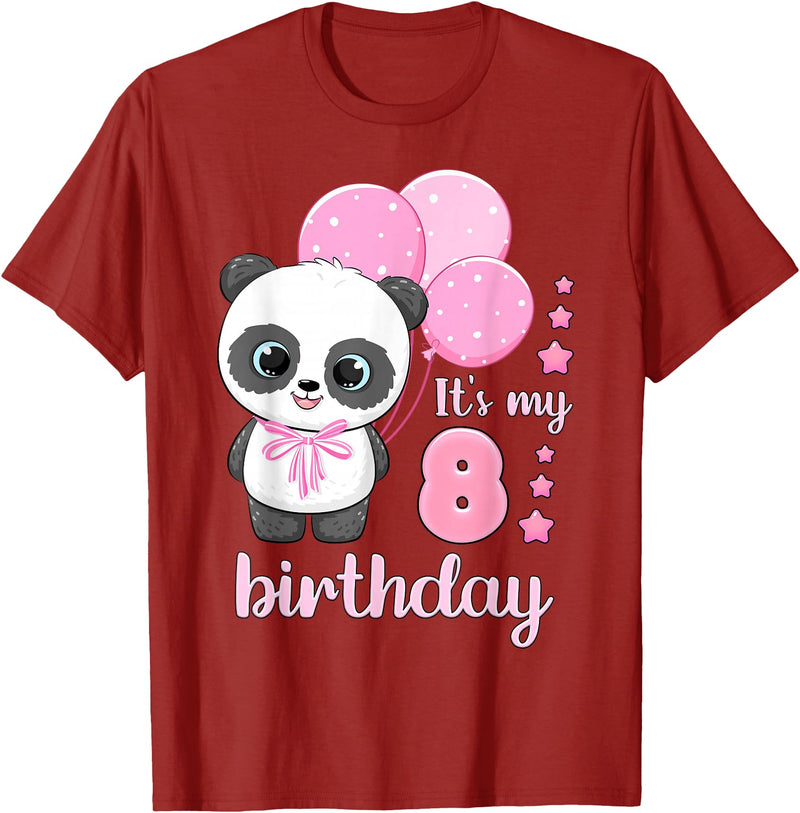 Birthday Gifts for Girls by Content Design Studio Birthday Girl 8 Panda Pink Balloons T-Shirt - Cranberry Red