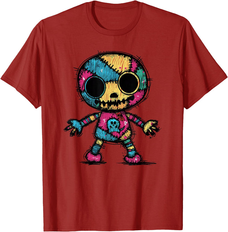 Colorful Punk Rock Goth Skeleton Halloween Colorful Skull Patchwork Skeleton Art T-Shirt - Cranberry Red