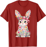 Cute Pink Flower Bunny Rabbit Happy Easter Women Girls T-Shirt in Cranberry Red