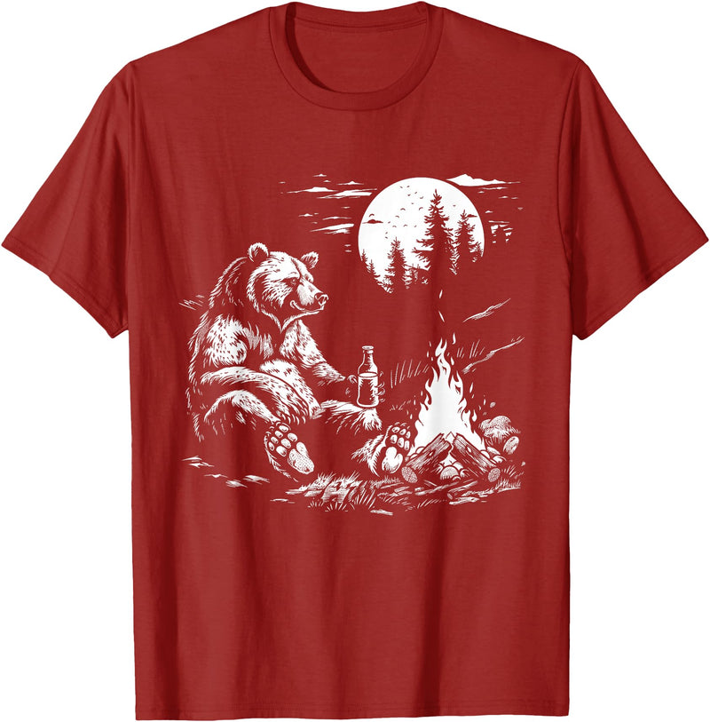 Camping Grizzly Bear Camping Bear Drinking Beer Hiking Nature Funny Grizzly Bear T-Shirt - Cranberry Red