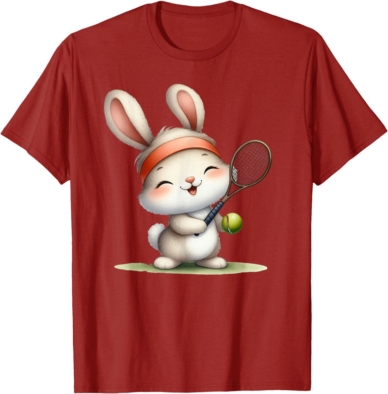 Cute Bunny Rabbit Tennis Player Cartoon Mascot T-Shirt in Cranberry Red