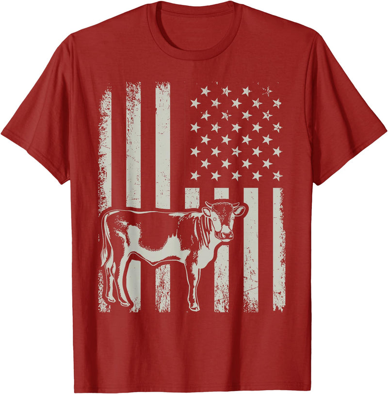 American Bull Riding Cowboy 4th of July USA Flag Proud Patriotic Cattle Bull Cow Farmer Lover American Flag T-Shirt -