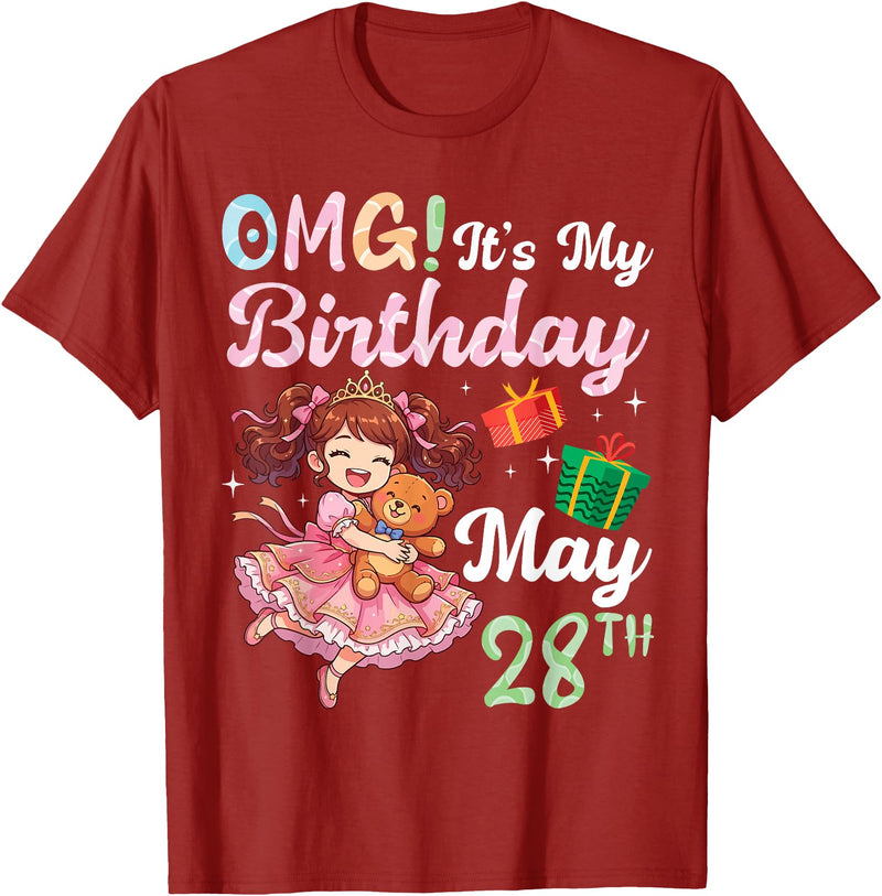 H1Shop Happy Birthday Born On May 28 OMG It's My Birthday Born On May 28th Girl with Present Bear T-Shirt - Cranberry Red