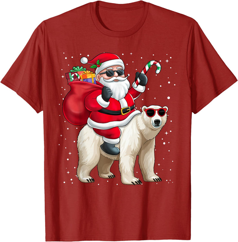 Santa Claus Riding A Polar Bear Xmas Funny Santa Claus Riding A Polar Bear Christmas Boy Girl Kids T-Shirt - Cranberry Red