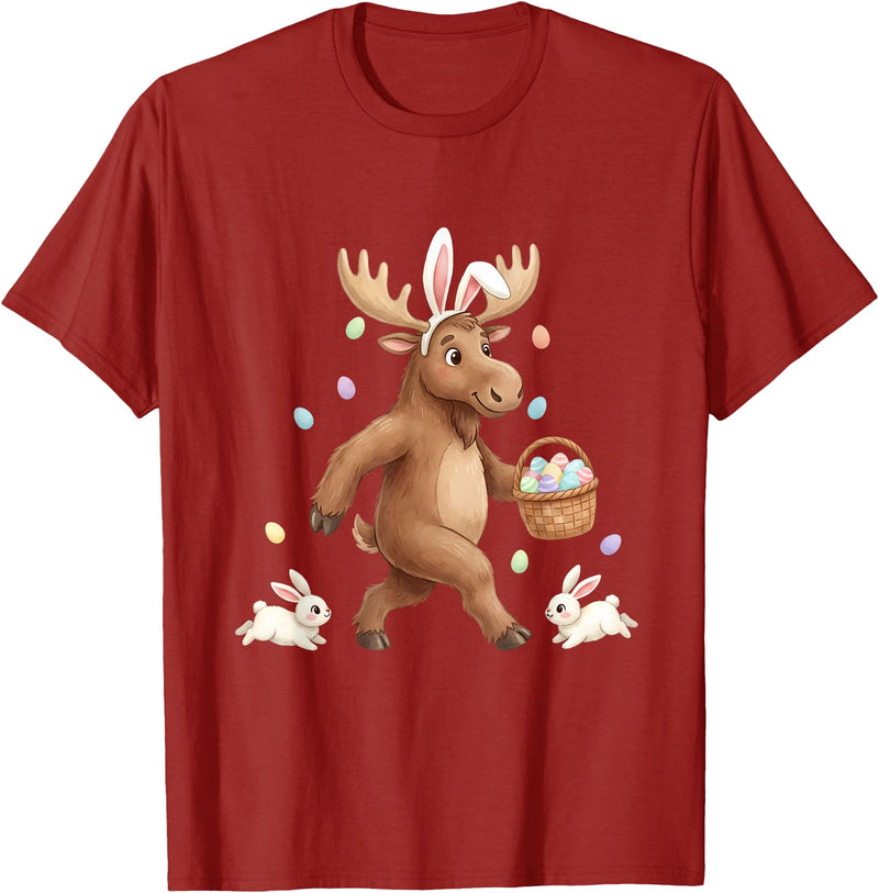Cute Easter Bunny Rabbit with Eggs Whimsical Moose Design T-Shirt in Cranberry Red