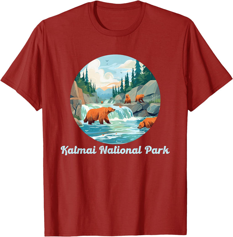 Fun National Parks Alaska Katmai National Park Alaska Brooks Falls Salmon Bears T-Shirt - Cranberry Red