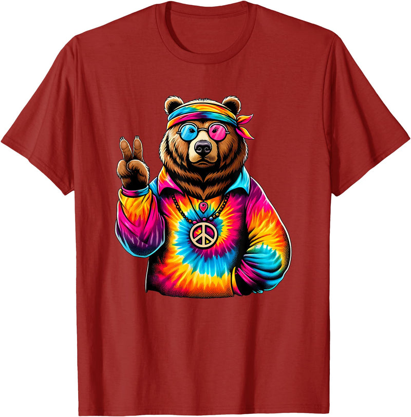 Grizzly Bear Hippie Costumes Peace Sign Tie Dye Grizzly Bear T-Shirt - Cranberry Red