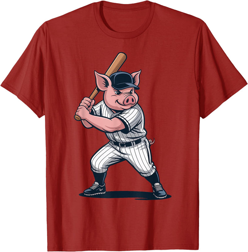 Pig Animal Baseball Lovers Graphic Funny Pig Playing Baseball Artwork Vintage Animal Baseballer T-Shirt - Cranberry Red