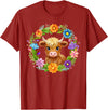 Highland Cow Lover Gifts Apparel and More Highland Cow Flowers Wreath Floral Farm Scottish Country T-Shirt - Cranberry Red
