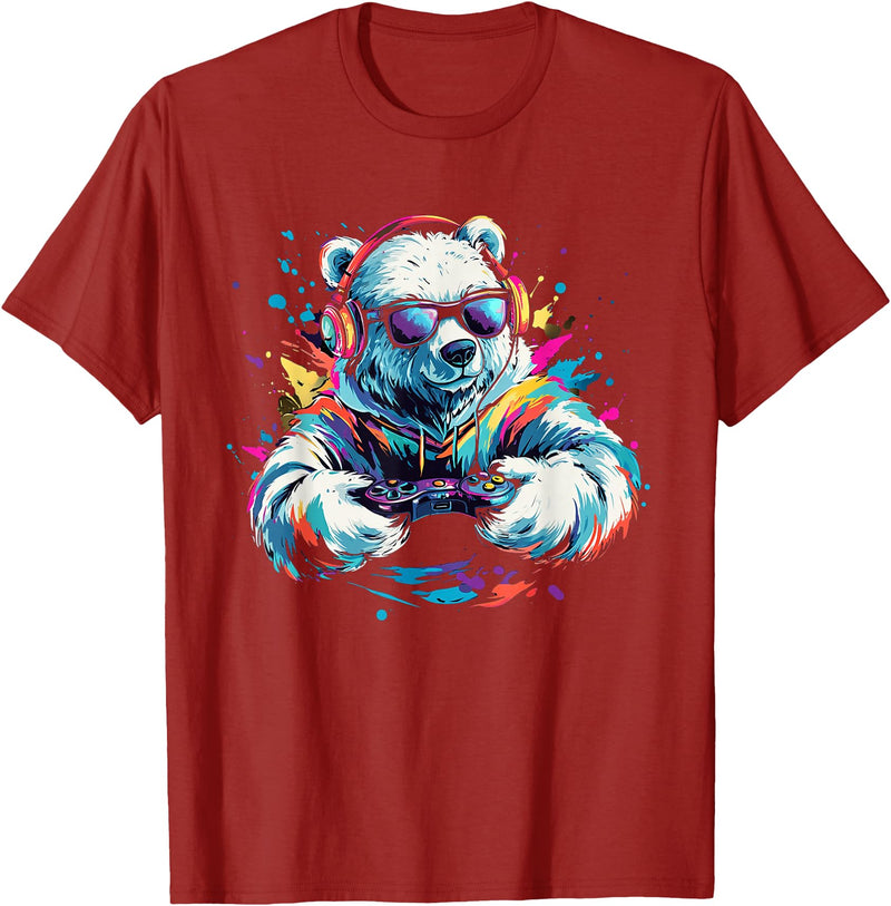 Colorful artistic polar bear gamer animal motifs Gaming Polar Bear Colorful Headset Art Gamer Polar Bear T-Shirt - Cranberry Red