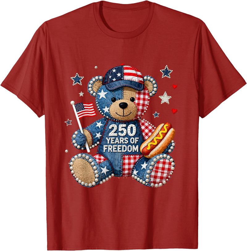 Patriotic Bear USA Vintage Co 250 Years of Freedom Patriotic Bear USA Retro T-Shirt - Cranberry Red
