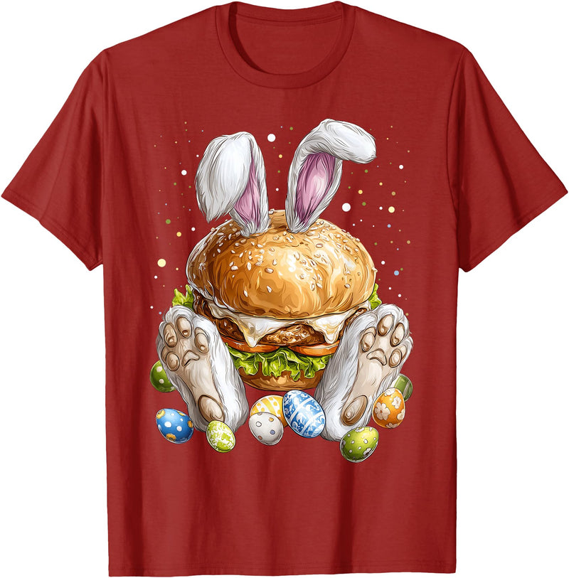 Burger Hamburger Easter Rabbit Eggs Bunny Ears T-Shirt in Cranberry Red