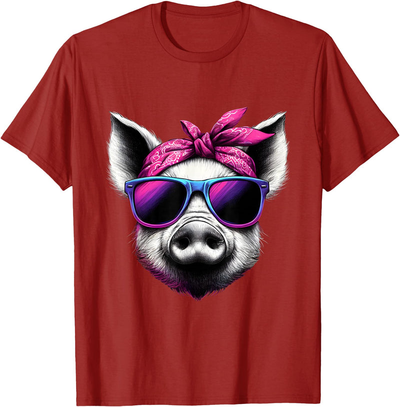 Fashionable Animals Wearing Pink Bandanas Pig Wearing Pink Bandana Headband and Sunglasses T-Shirt - Cranberry Red