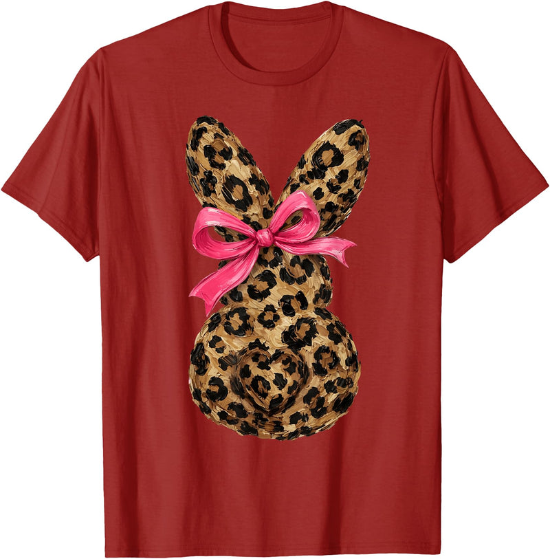 Funny Bunny Coquette Bow Rabbit Leopard Easter T-Shirt in Cranberry Red