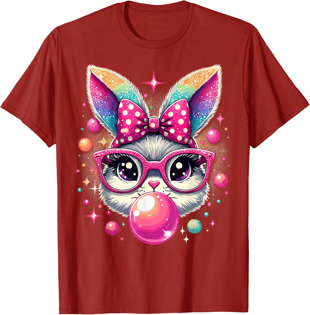 Happy Easter Bunny Tie Dye Coquette Bow Rabbit Face Easter T-Shirt - Cranberry Red