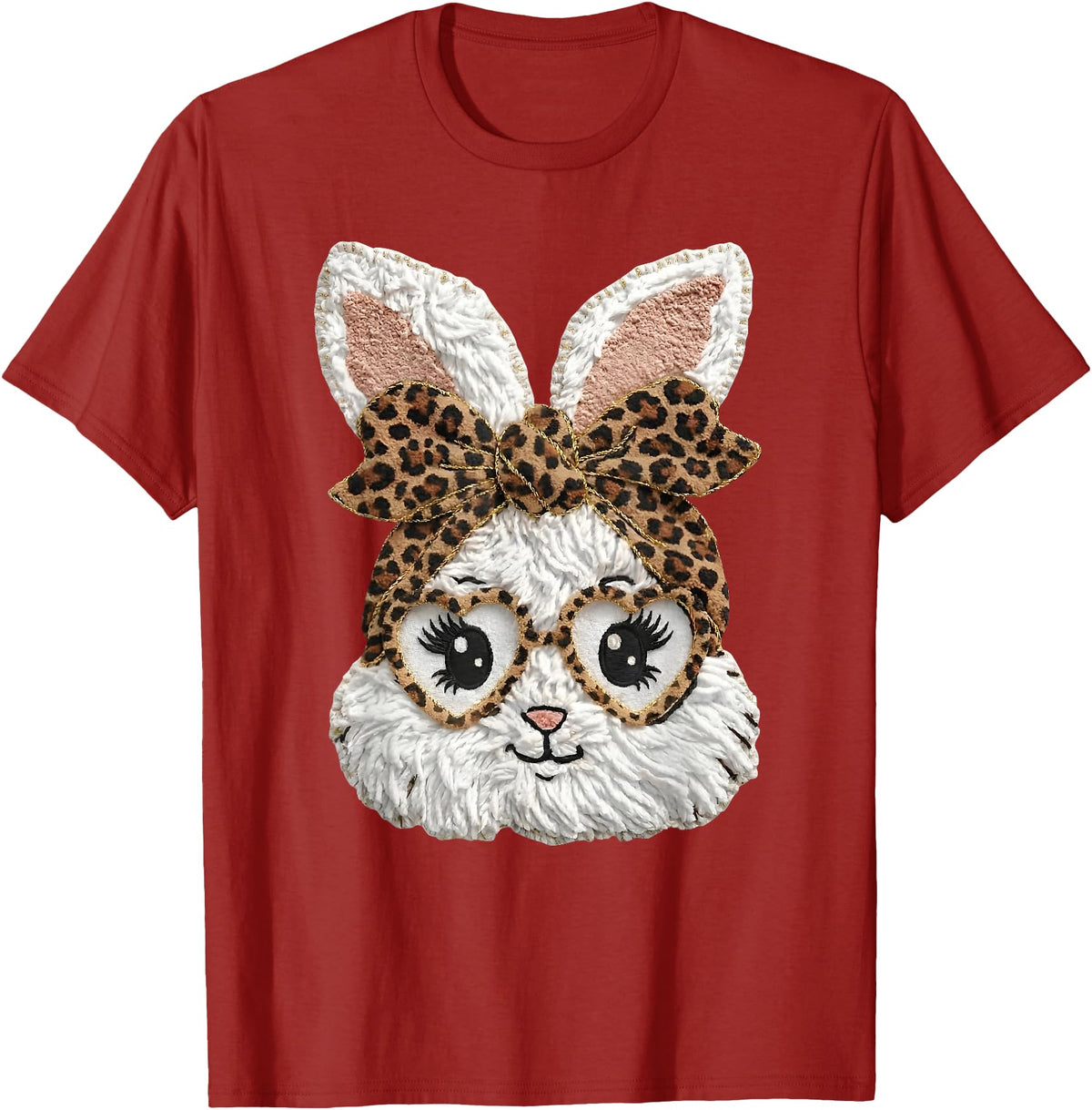 Happy Easter Funny Bunny Glasses Leopard Bandana Rabbit Face T-Shirt in Cranberry Red