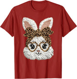 Happy Easter Funny Bunny Glasses Leopard Bandana Rabbit Face T-Shirt in Cranberry Red