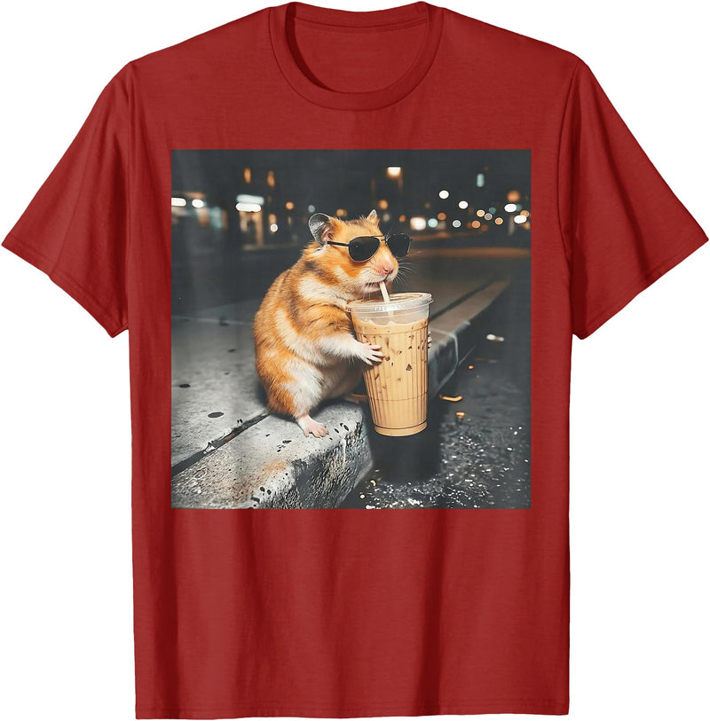 Hamster Drinking Iced Coffee Funny Animal Meme Men Women T-Shirt - Cranberry Red