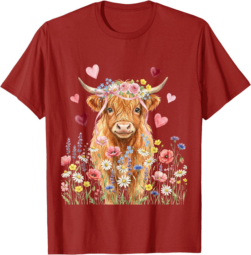 Floral Scottish Highland Cow Farm Animals Cute Highland Cow Women Girls Kid Scottish Cow Highland Cow T-Shirt - Cranberry Red