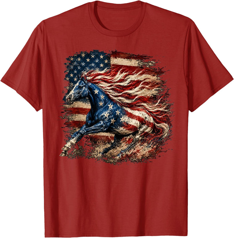 Independence Day Horse Lovers Cowgirls Horse Patriotic Equestrian 4th of July USA American Flag T-Shirt - Cranberry Red