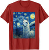 Llama Designs. Llama Alpaka Van Gogh Style Starry Night Funny Graphic T-Shirt - Cranberry Red