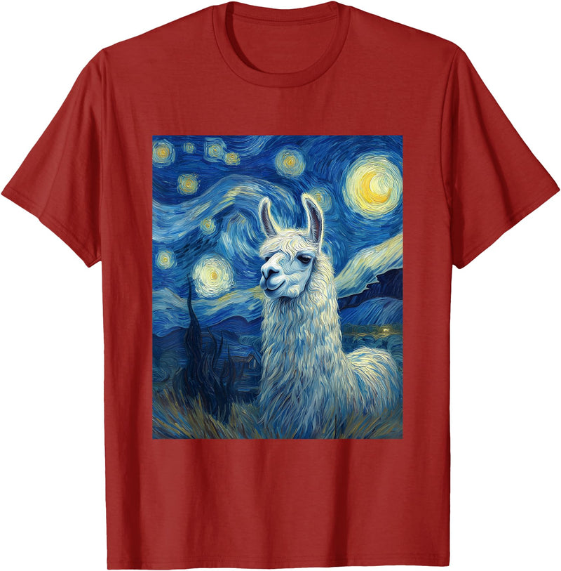 Llama Designs. Llama Alpaka Van Gogh Style Starry Night Funny Graphic T-Shirt - Cranberry Red