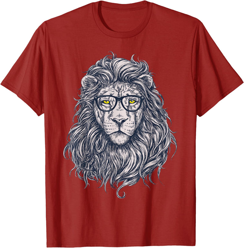 Wise Animal Cool Lion in Glasses Hipster Funny Nerd Humor T-Shirt - Cranberry Red