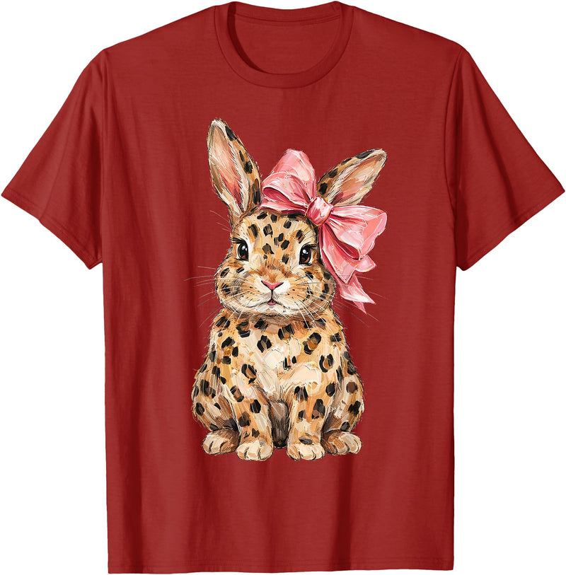 Cute Bunny Leopard Coquette Bow Rabbit Easter Women Girls T-Shirt in Cranberry Red