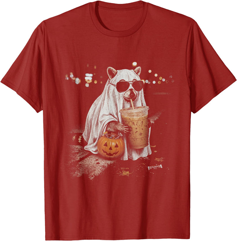 Funny Halloween Raccoon with Pumpkin and Coffee Raccoon with Pumpkin and Coffee Vintage 90s Halloween T-Shirt - Cranberry Red