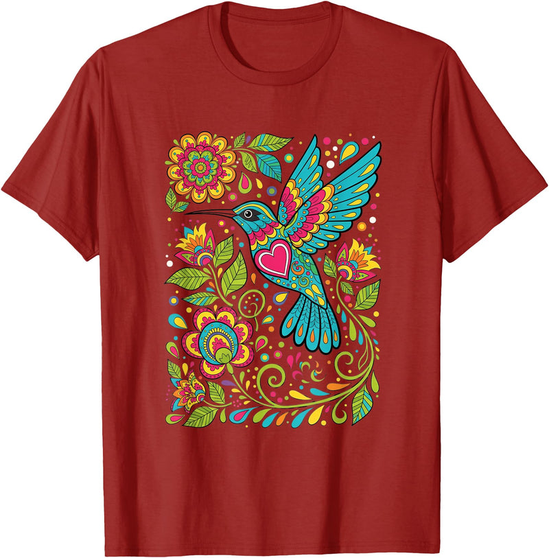 FolkFlight Design Co Bird Hummingbird Floral Folk-Art Colorful T-Shirt - Cranberry Red