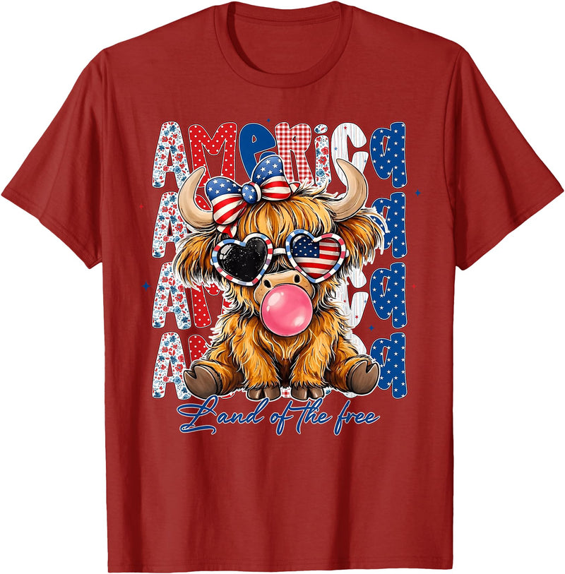 Cute Cow Creations Highland Cow 4th of July, Patriotic Cowgirl Bow Design T-Shirt - Cranberry Red