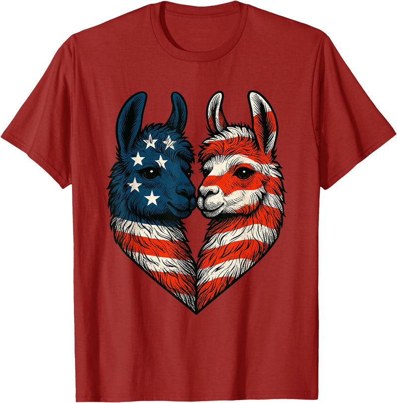 Fourth of July Clothing Co. Patriotic Llamas Heart American Flag 4th of July Graphic T-Shirt - Cranberry Red