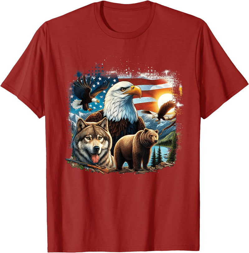 USA Animals Bald Eagles Grizzly Bear Wolf Wilderness Nature T-Shirt - Cranberry Red