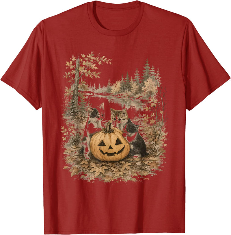 Vintage 90s Cats And Pumpkin Halloween Women Men Funny Retro 90s Kitten Black Cats and Pumpkin Halloween T-Shirt - Cranberry