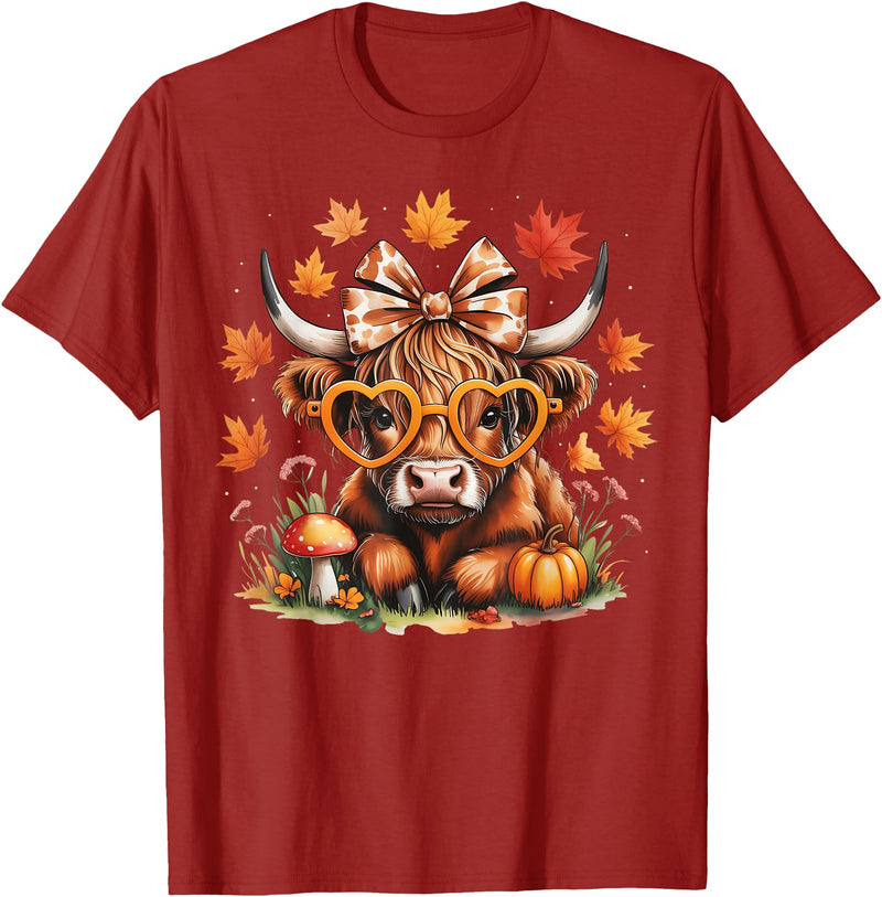 Fall Highland Cow Bow ThanksGiving Ades.shirt Fall Highland Cow Pumpkin Bow Thanksgiving Fall Girl Women T-Shirt - Cranberry