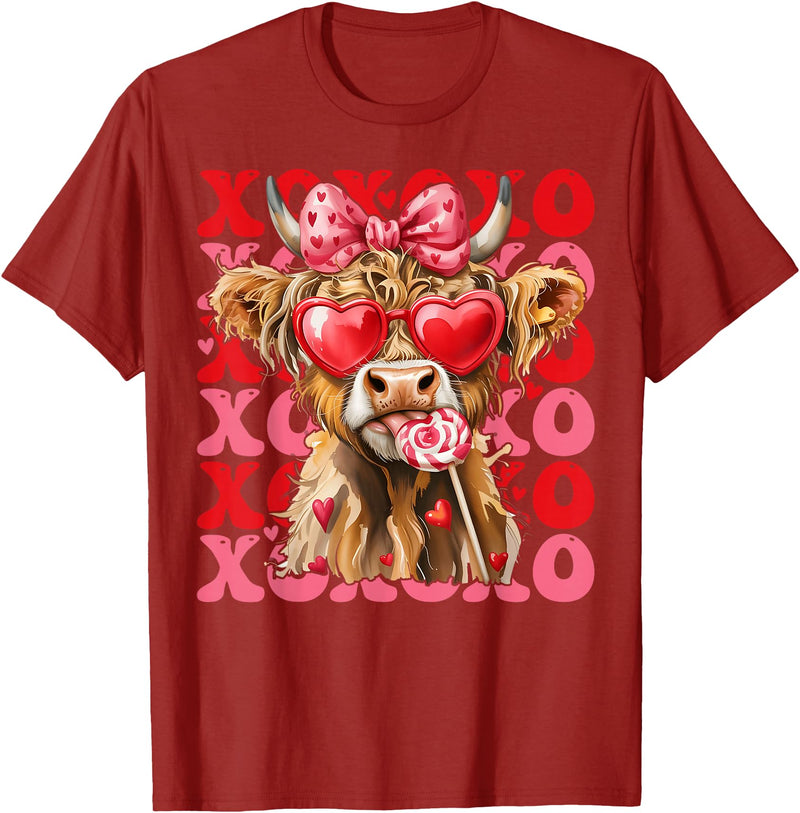 Valentine XOXO Highland Cow Fng Valentine XOXO Highland Cow Cute Coquette Bow Western T-Shirt - Cranberry Red