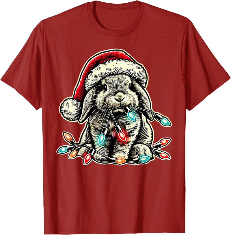 Holland Lop Rabbit Chew Christmas Light Vintage Artistic T-Shirt in Cranberry Red