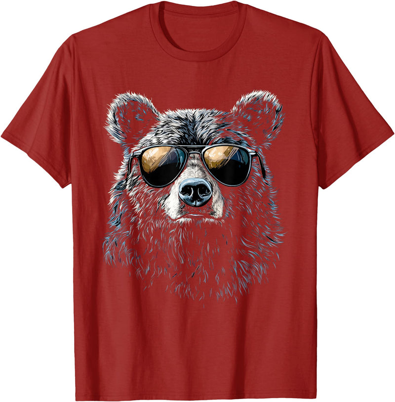 Forest Illustration Bear Art Nature Bear Wearing Sunglasses Wildlife Artwork Graphic Bear T-Shirt - Cranberry Red