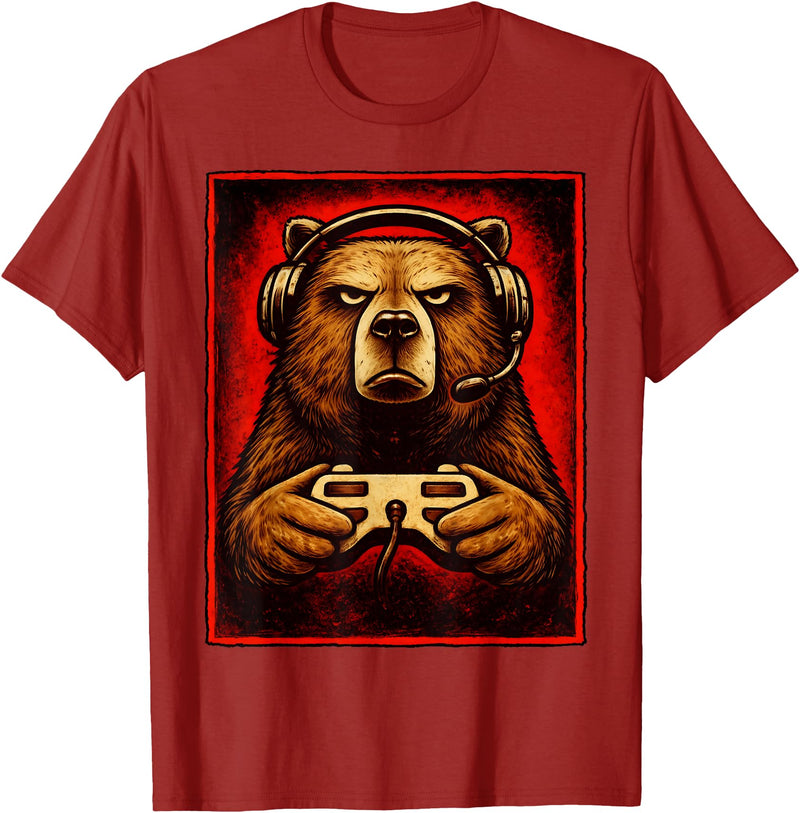 Funny Gaming Bear Gamer Graphic Gamer Bear Graphic Funny Gaming Animal Grizzly Bear Costume T-Shirt - Cranberry Red
