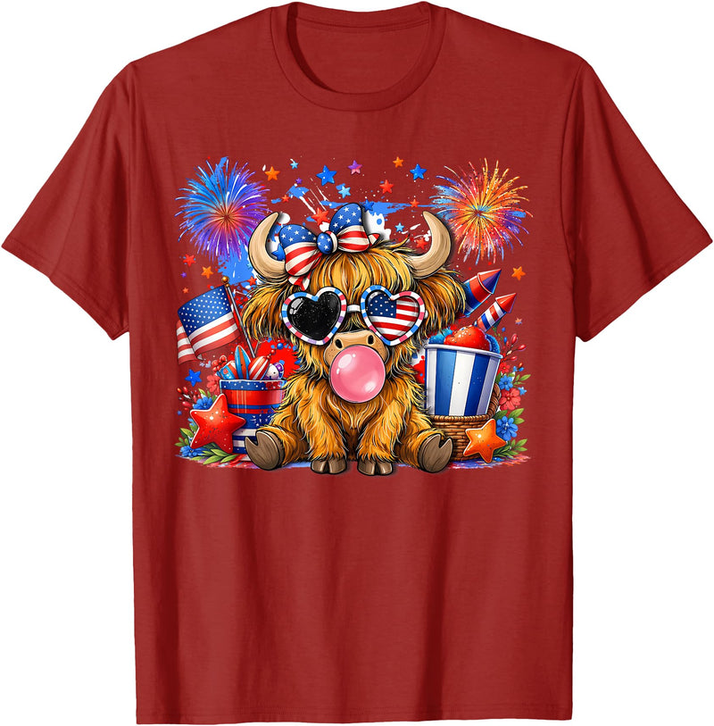 July 4th Highland Cow Farm Lovers America Tees 4th of July Highland Cow Patriotic Cow Farmer Men Women Kids T-Shirt -