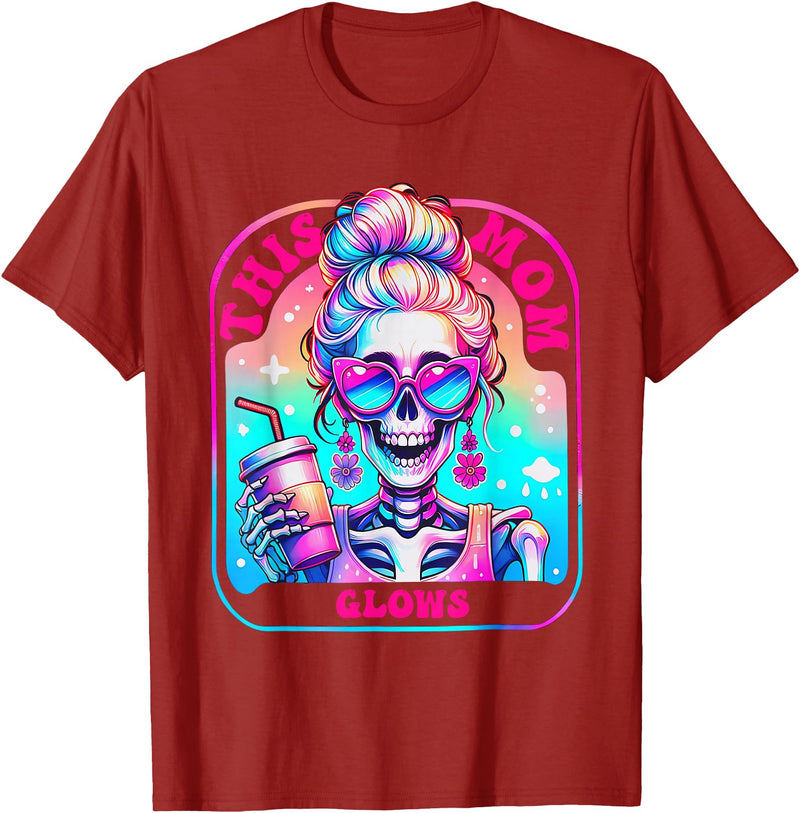 Glow Mom Apparel This Mom Glows Skeleton Mom Colorful Design T-Shirt - Cranberry Red